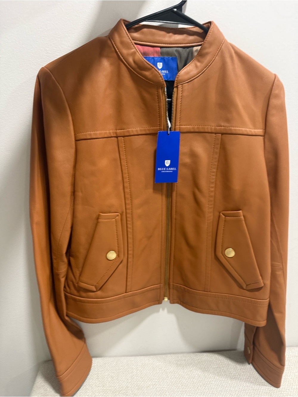 Blue Label Cognac Brown Leather Zip Jacket by Crestbridge